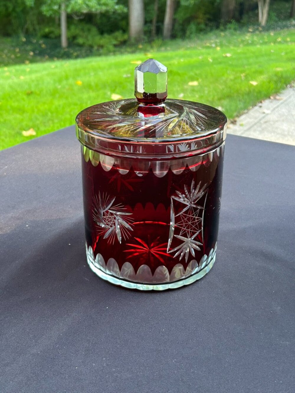 Vintage Bohemian cut-to-clear ruby red glass lidded jar